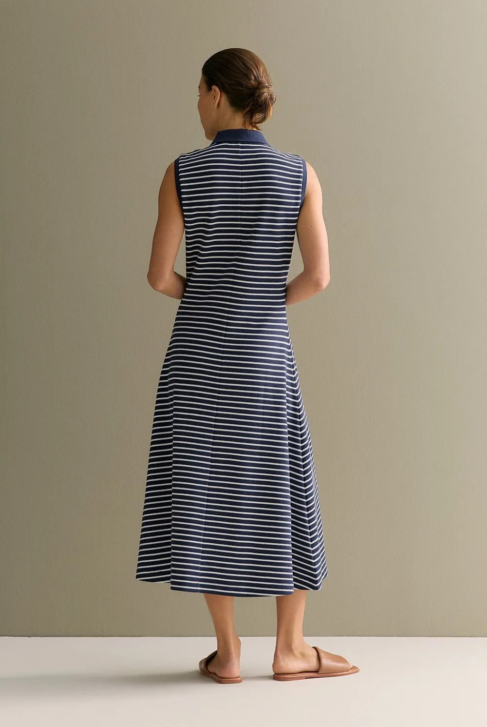 Dresses>Trenery Cotton Pique Stripe Sleeveless Polo Dress Navy