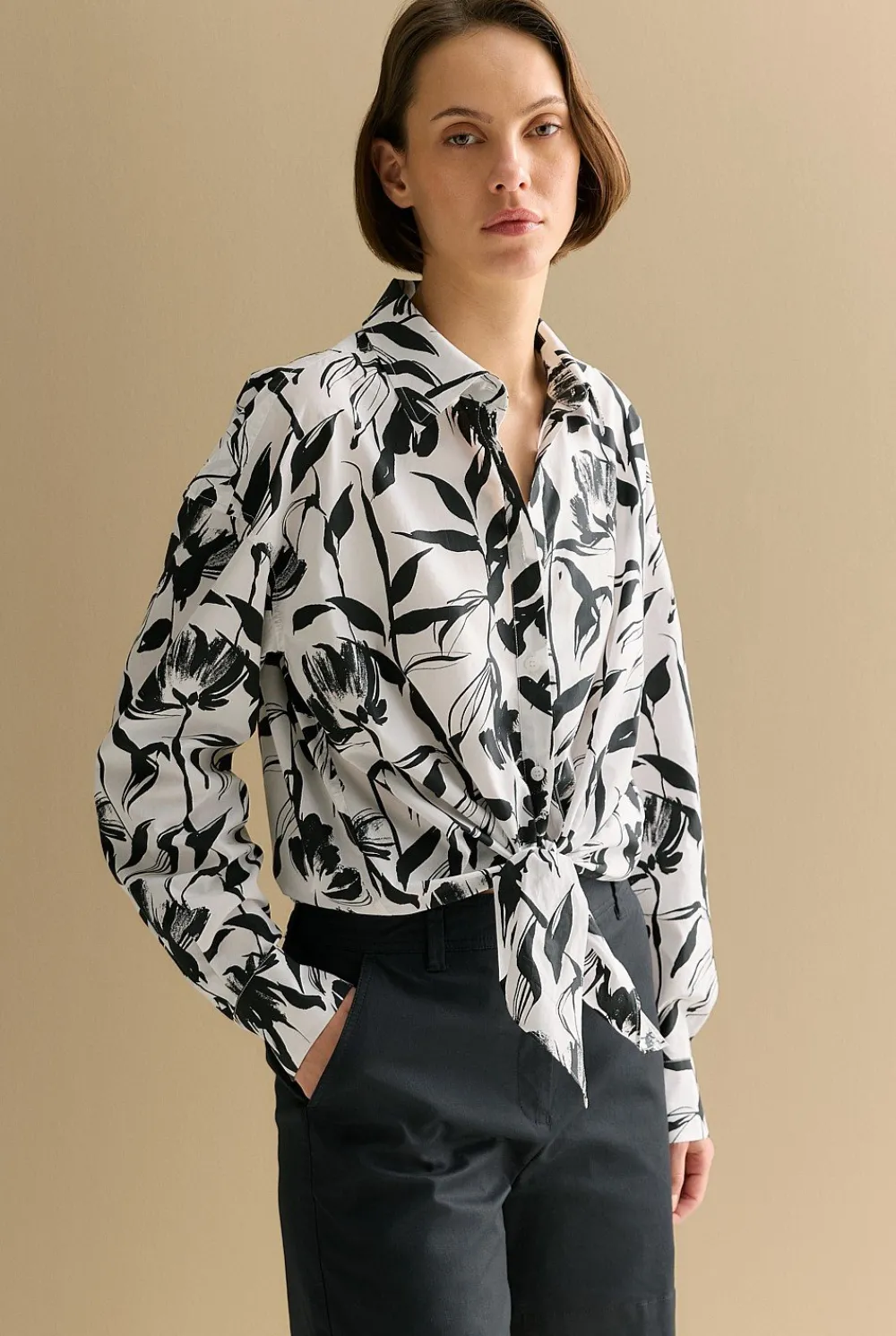 Shirts>Trenery Cotton Poplin Floral Tie Front Shirt White
