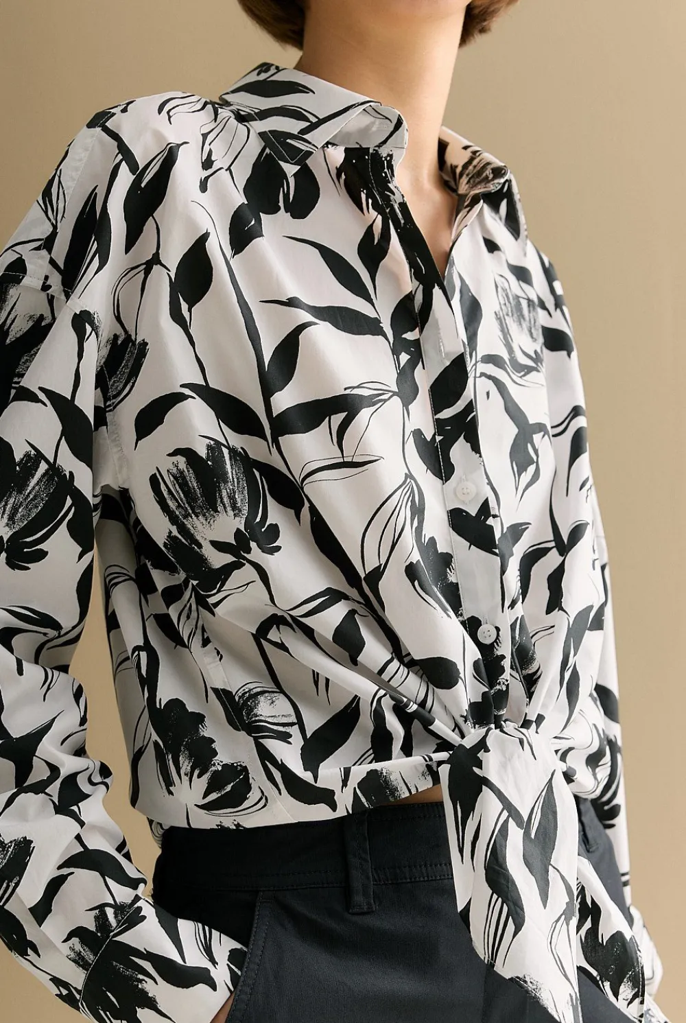 Shirts>Trenery Cotton Poplin Floral Tie Front Shirt White