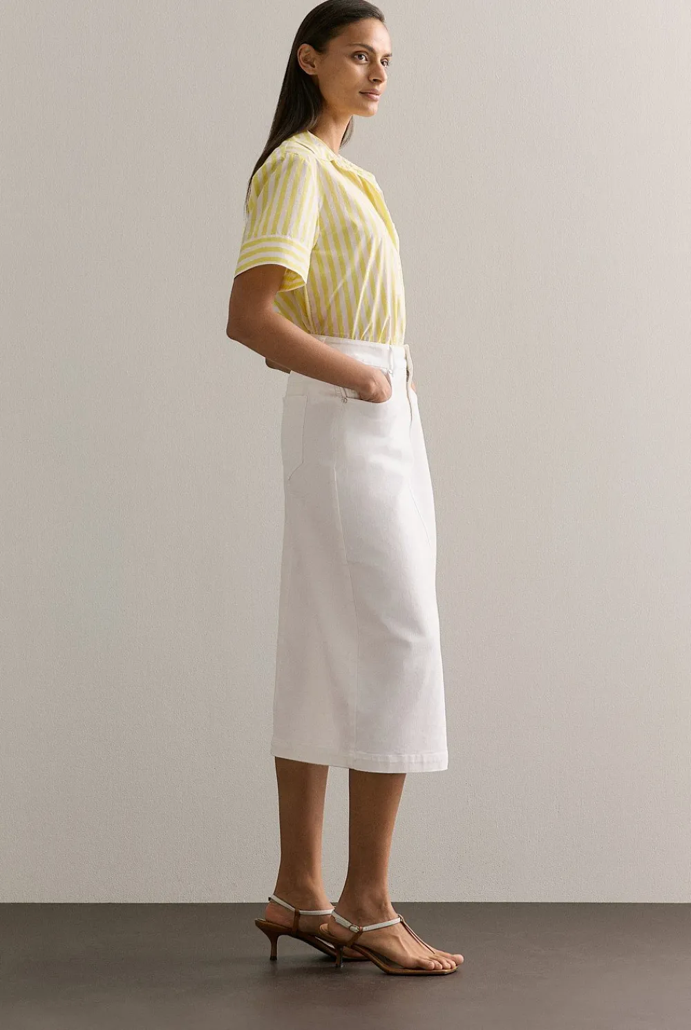Shirts>Trenery Cotton Poplin Stripe Print Relaxed Shirt Yellow