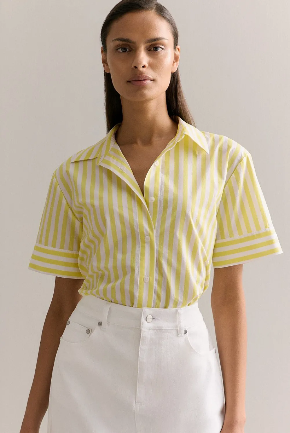 Shirts>Trenery Cotton Poplin Stripe Print Relaxed Shirt Yellow