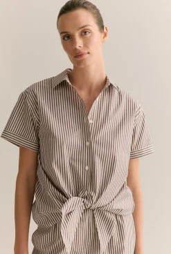 Shirts|Co-ord Sets>Trenery Cotton Poplin Stripe Tie Front Shirt Chocolate