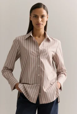 Shirts>Trenery Cotton Poplin Striped Monogram Shirt Mushroom