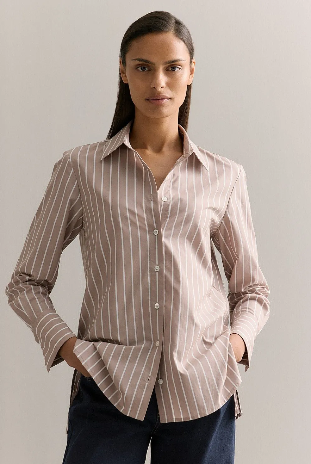 Shirts>Trenery Cotton Poplin Striped Monogram Shirt Mushroom