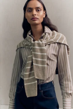 Shirts>Trenery Cotton Poplin Striped Monogram Shirt Mushroom
