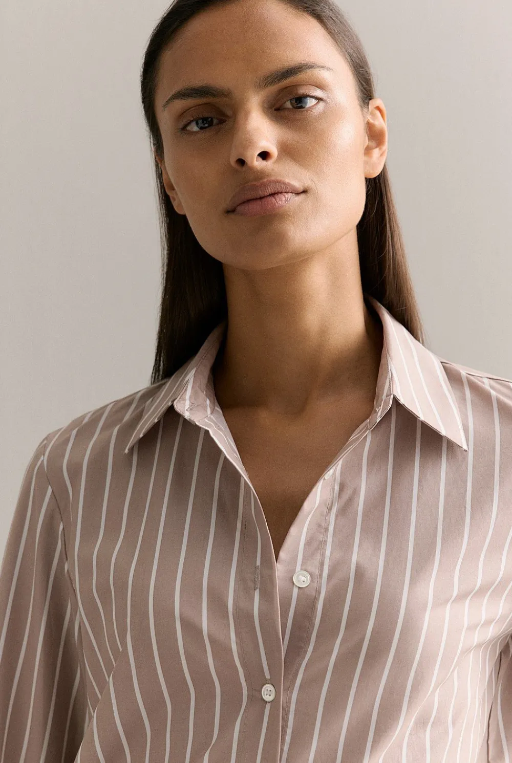 Shirts>Trenery Cotton Poplin Striped Monogram Shirt Mushroom
