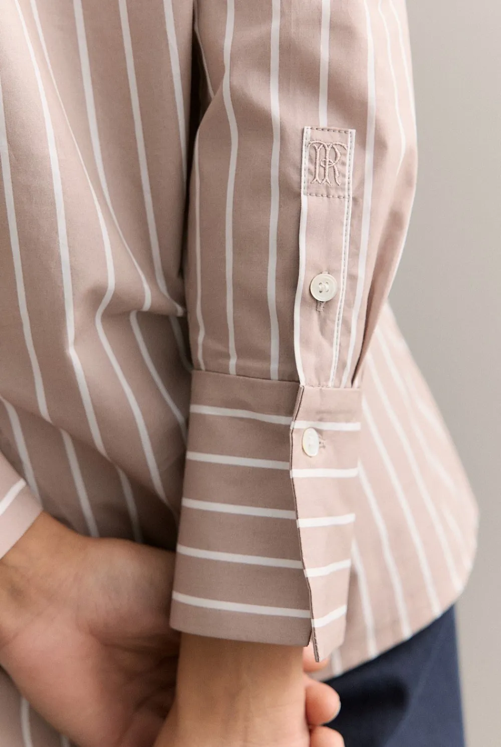 Shirts>Trenery Cotton Poplin Striped Monogram Shirt Mushroom