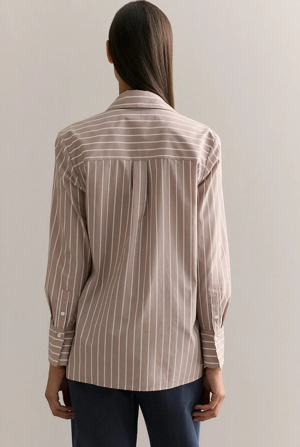 Shirts>Trenery Cotton Poplin Striped Monogram Shirt Mushroom