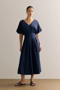 Dresses|Occasion Dresses & Outfits>Trenery Cotton Sateen Pleat Waist Dress Navy