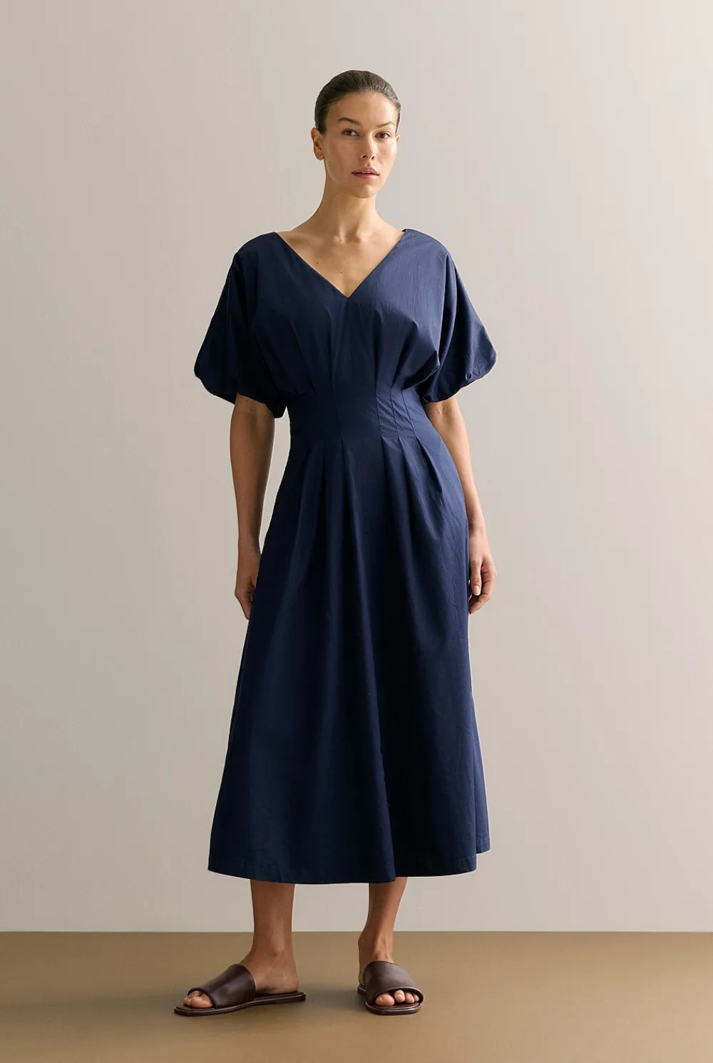 Dresses|Occasion Dresses & Outfits>Trenery Cotton Sateen Pleat Waist Dress Navy