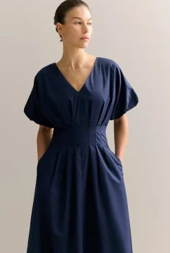 Dresses|Occasion Dresses & Outfits>Trenery Cotton Sateen Pleat Waist Dress Navy