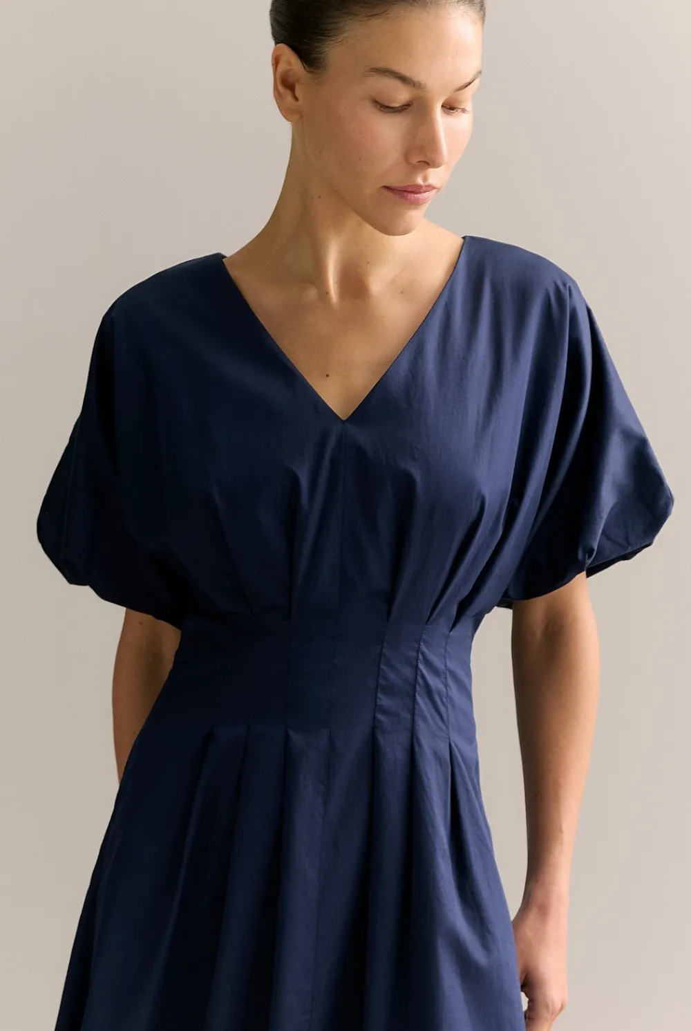 Dresses|Occasion Dresses & Outfits>Trenery Cotton Sateen Pleat Waist Dress Navy
