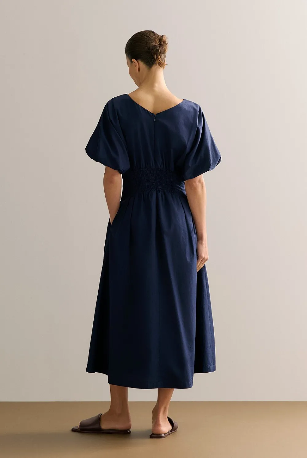 Dresses|Occasion Dresses & Outfits>Trenery Cotton Sateen Pleat Waist Dress Navy