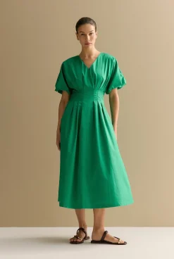 Dresses|Occasion Dresses & Outfits>Trenery Cotton Sateen Pleat Waist Dress BilliardGreen