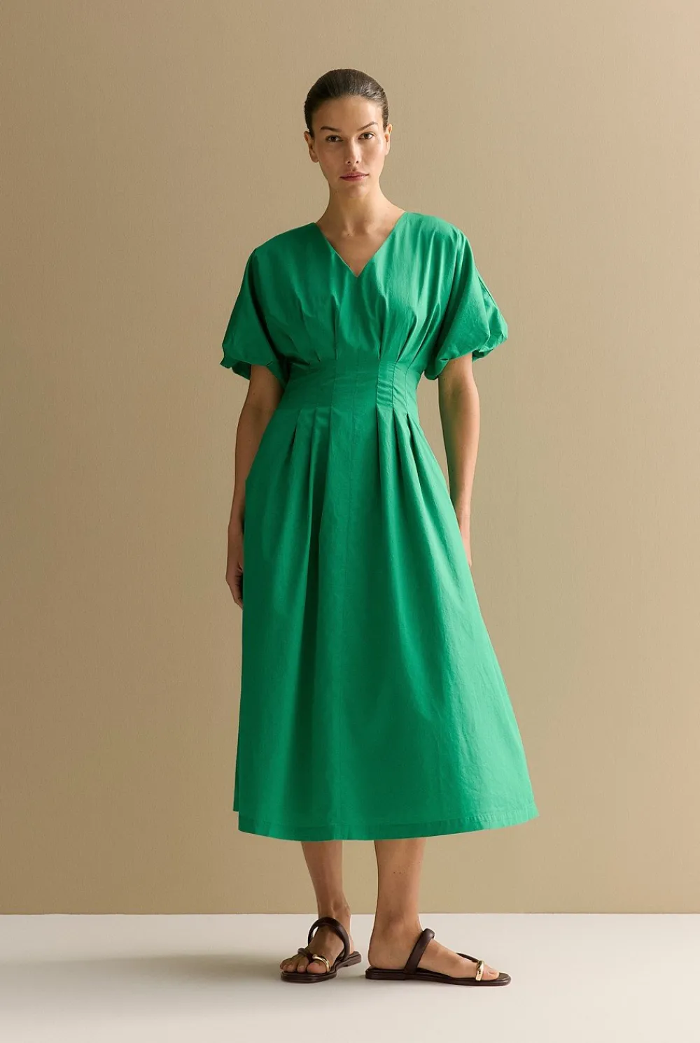 Dresses|Occasion Dresses & Outfits>Trenery Cotton Sateen Pleat Waist Dress BilliardGreen