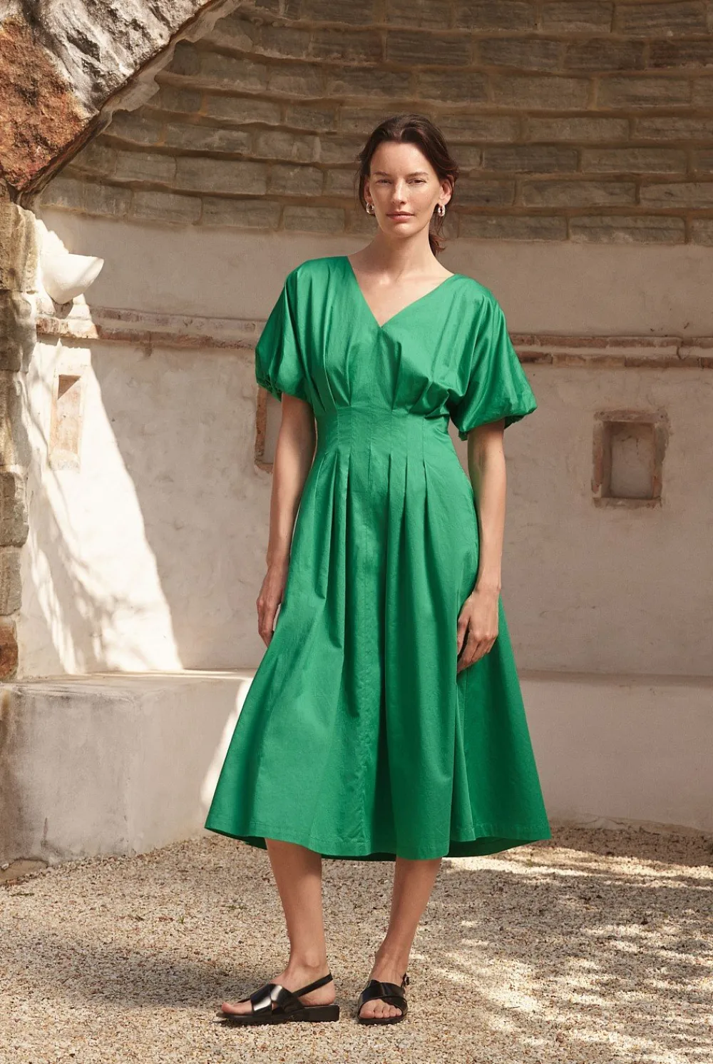 Dresses|Occasion Dresses & Outfits>Trenery Cotton Sateen Pleat Waist Dress BilliardGreen
