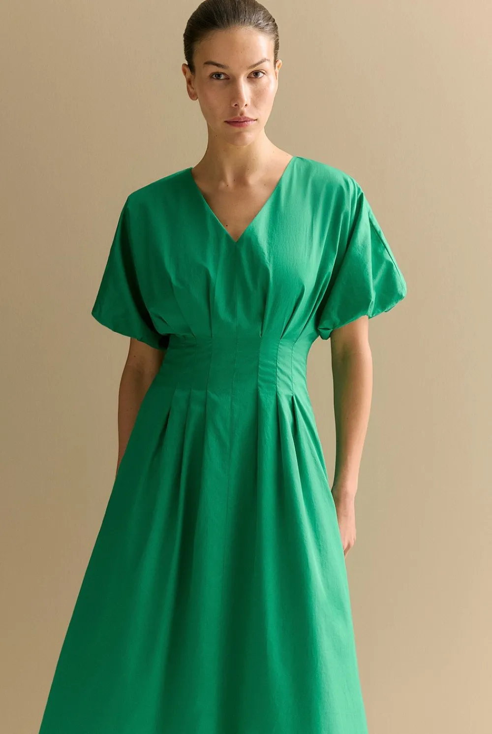 Dresses|Occasion Dresses & Outfits>Trenery Cotton Sateen Pleat Waist Dress BilliardGreen