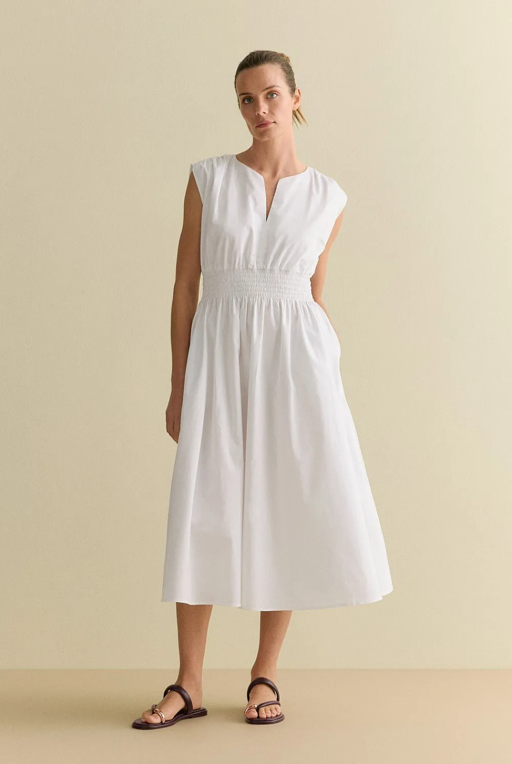 Dresses|Occasion Dresses & Outfits>Trenery Cotton Sateen Shirred Waist Dress White