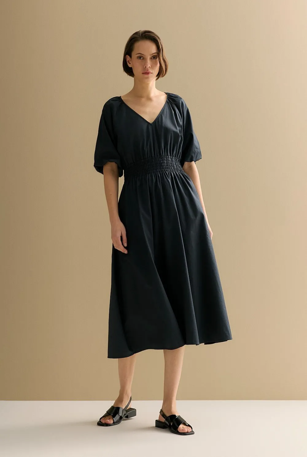Dresses>Trenery Cotton Sateen Shirred Waist Dress Black