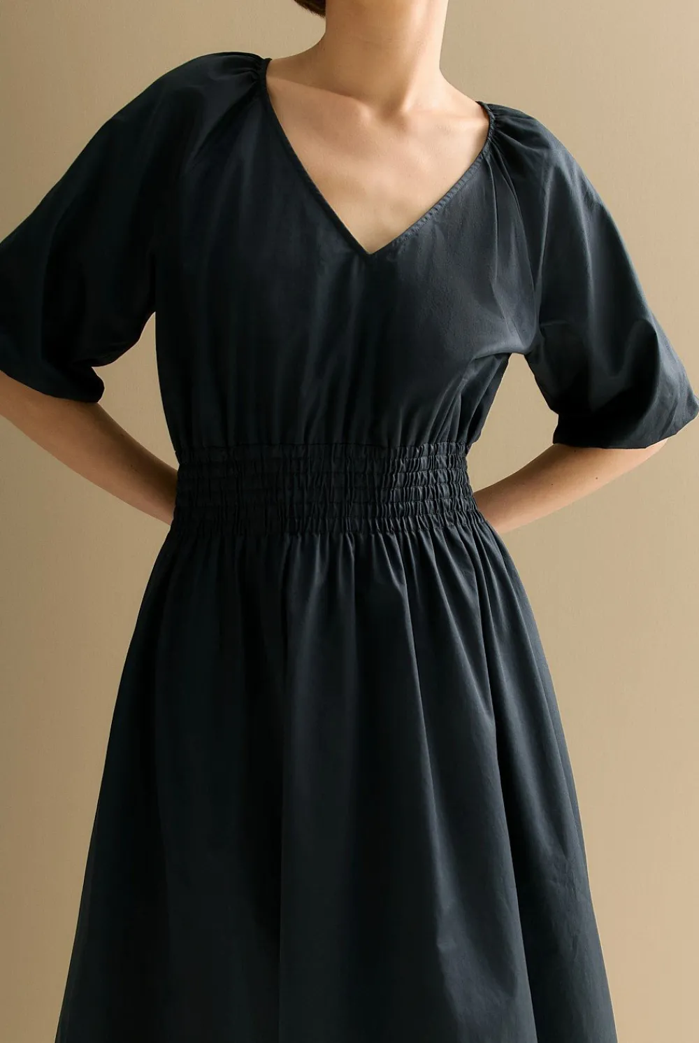 Dresses>Trenery Cotton Sateen Shirred Waist Dress Black