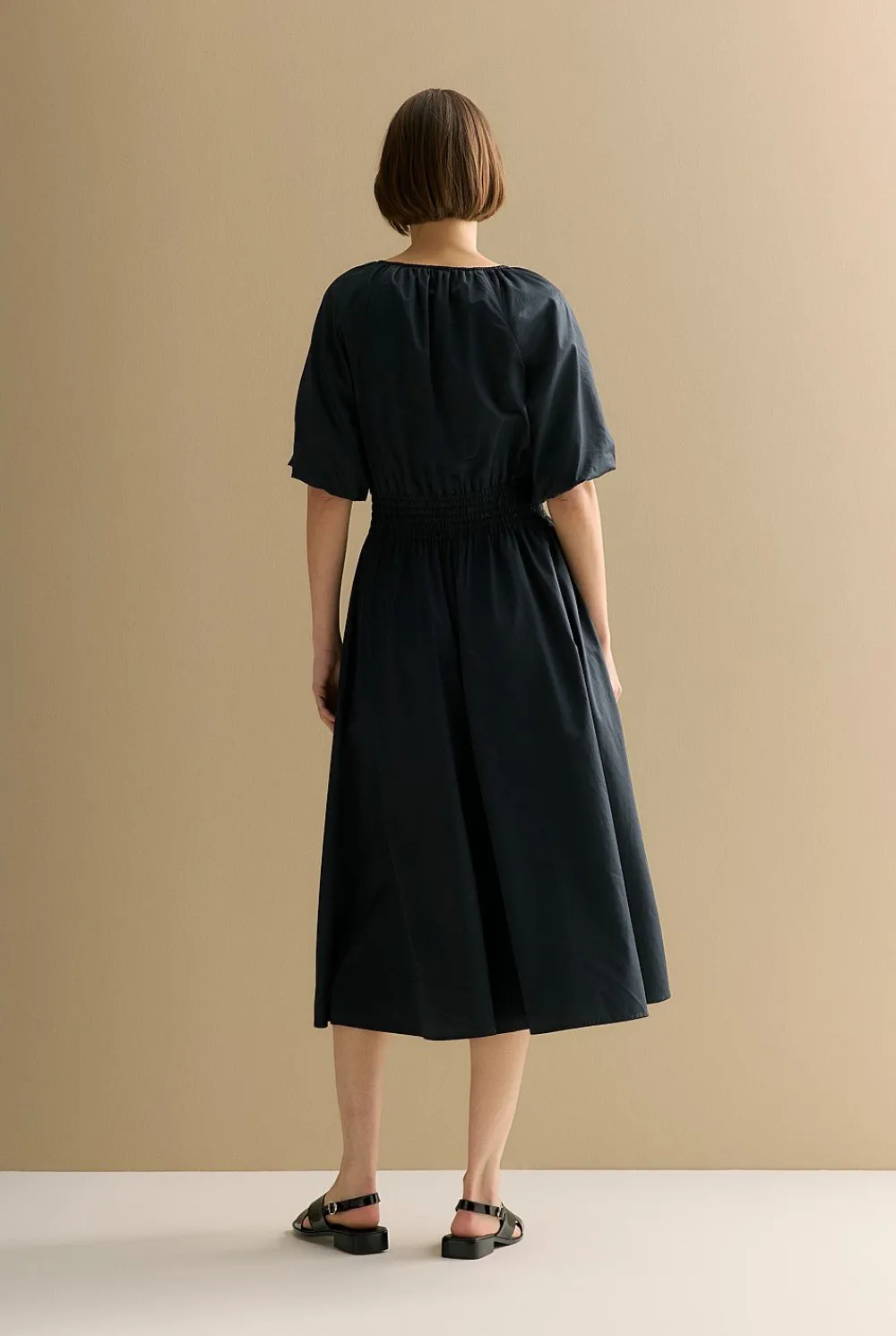 Dresses>Trenery Cotton Sateen Shirred Waist Dress Black
