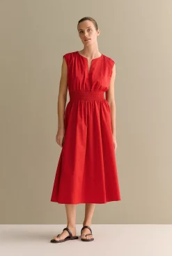 Dresses|Occasion Dresses & Outfits>Trenery Cotton Sateen Shirred Waist Dress TrueRed