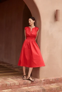 Dresses|Occasion Dresses & Outfits>Trenery Cotton Sateen Shirred Waist Dress TrueRed