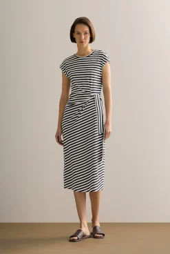 Dresses>Trenery Cotton Stripe Gathered Tie Waist Dress NightSky