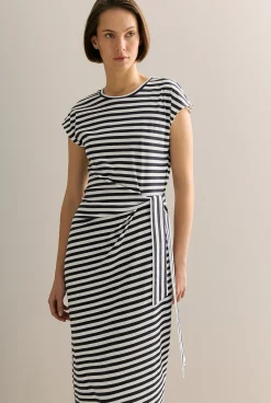 Dresses>Trenery Cotton Stripe Gathered Tie Waist Dress NightSky