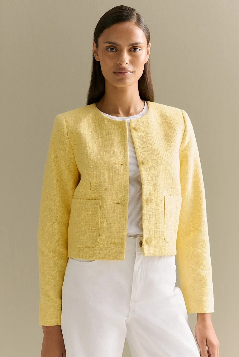 Outerwear>Trenery Cotton Tweed Cropped Jacket PastelYellow