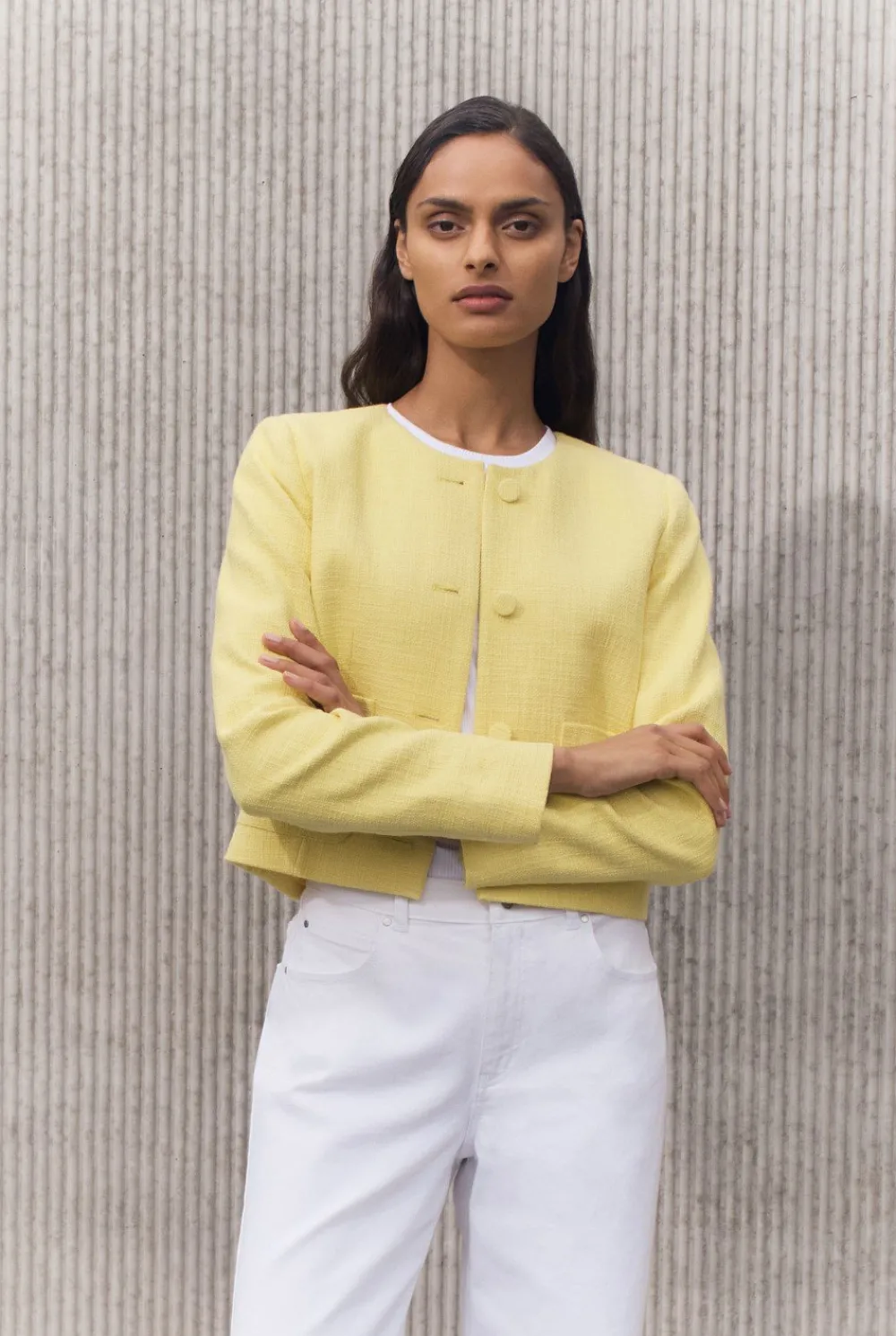 Outerwear>Trenery Cotton Tweed Cropped Jacket PastelYellow