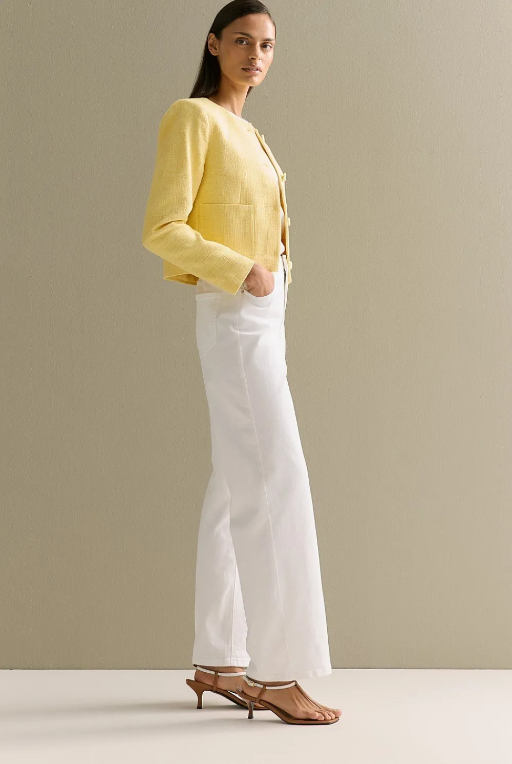Outerwear>Trenery Cotton Tweed Cropped Jacket PastelYellow