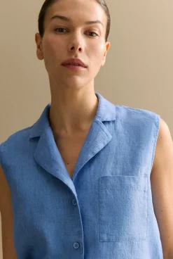 Shirts|The Linen Edit>Trenery Delave Linen Sleeveless Shirt WedgewoodBlue