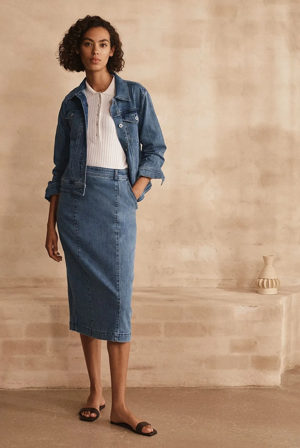 Skirts>Trenery Denim Pintuck Detail Skirt WashedIndigo