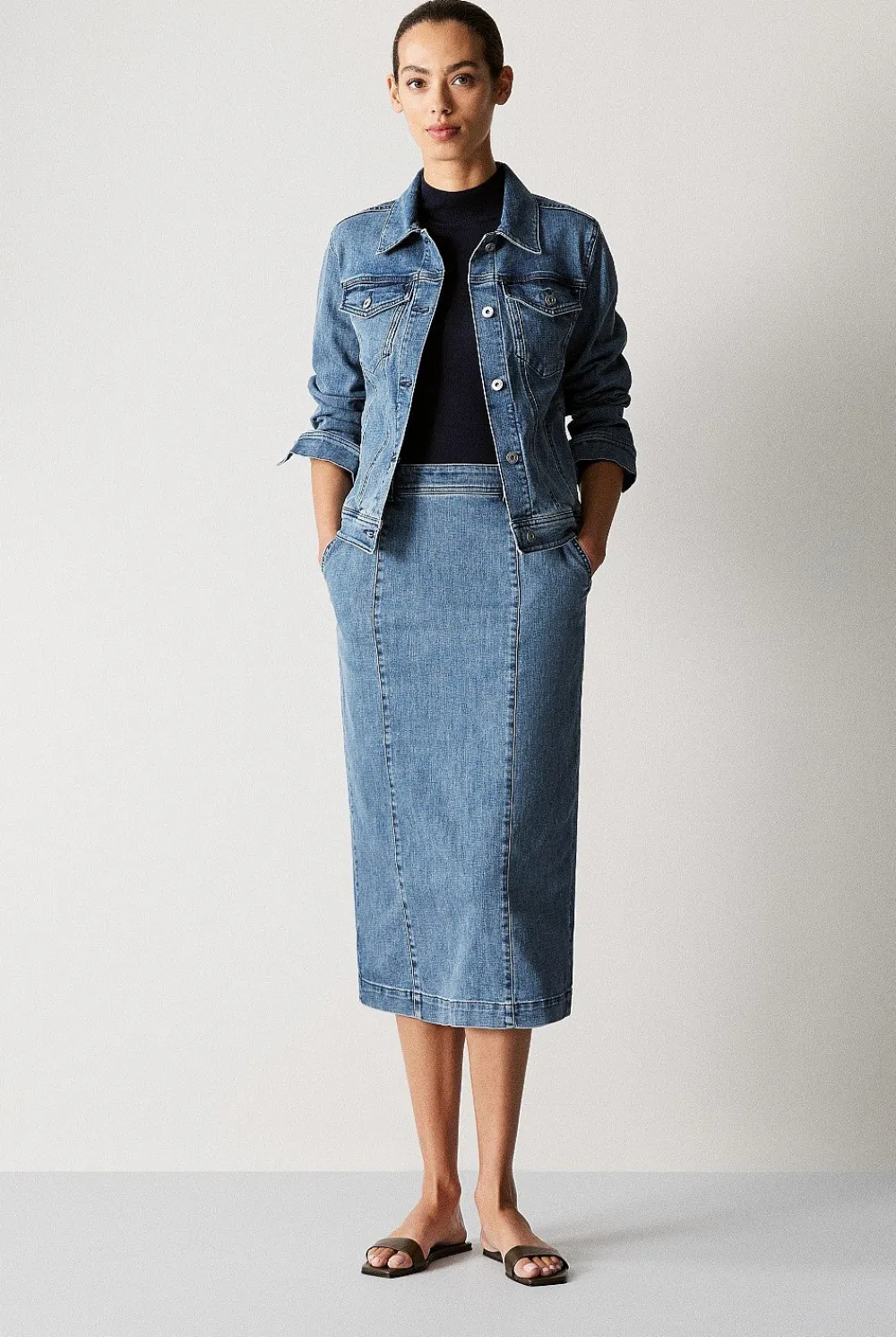 Skirts>Trenery Denim Pintuck Detail Skirt WashedIndigo