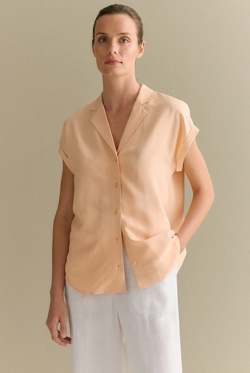 Shirts>Trenery Draped Short Sleeve Camp Shirt PaleApricot