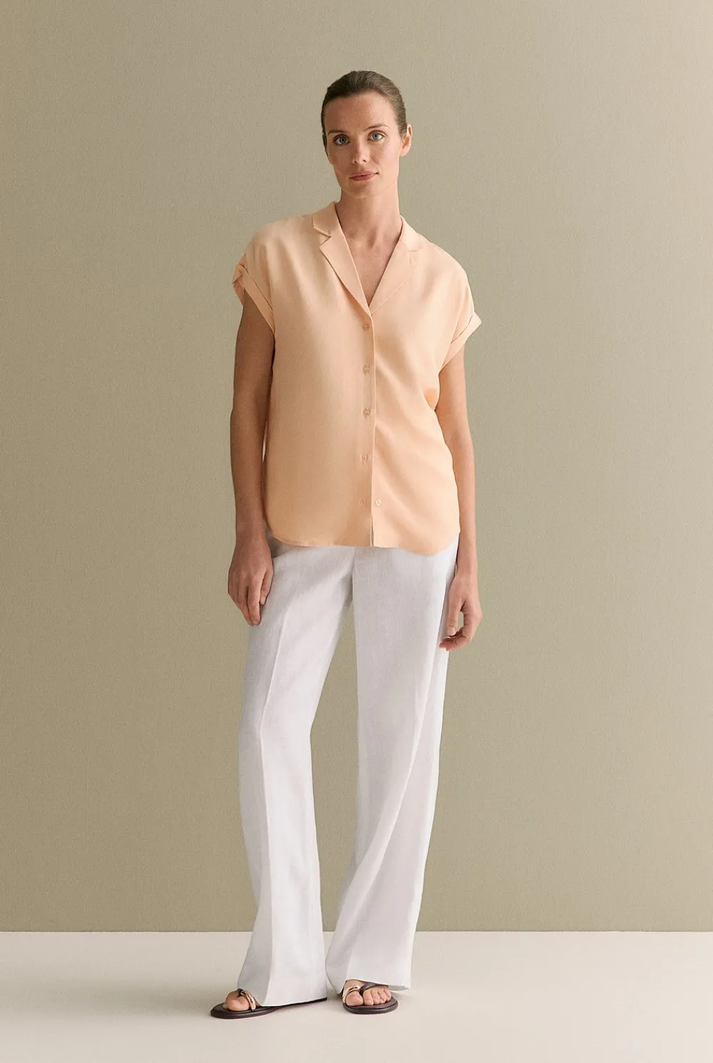 Shirts>Trenery Draped Short Sleeve Camp Shirt PaleApricot