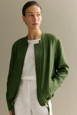 Outerwear|Co-ord Sets>Trenery Draped Zip Through Blouson Jacket OliveSmoke