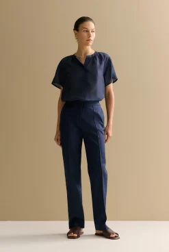 Shirts|T-shirts & Tops>Trenery Gathered Flutter Sleeve Blouse Navy