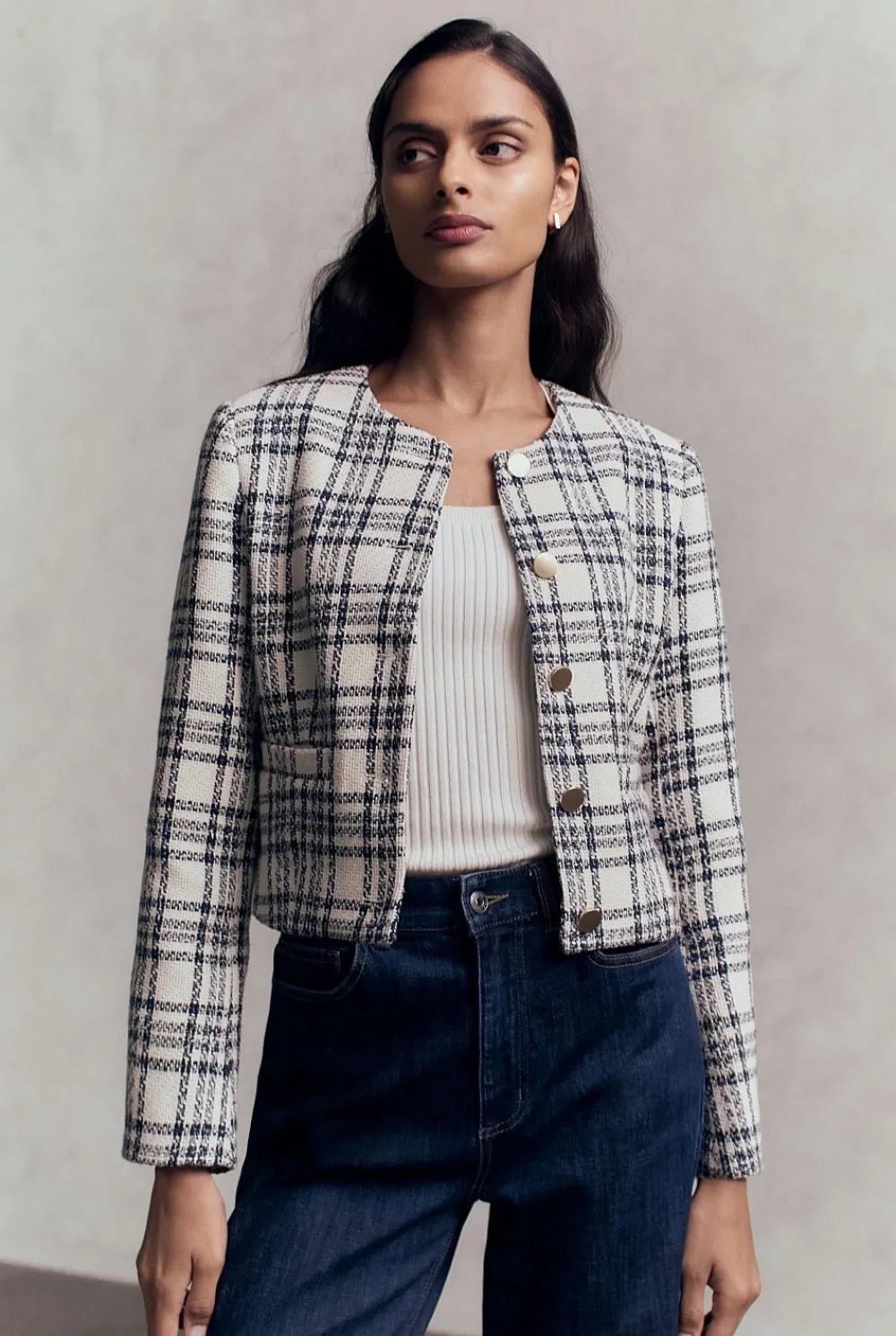 Outerwear>Trenery Italian Check Tweed Cropped Jacket NightSky