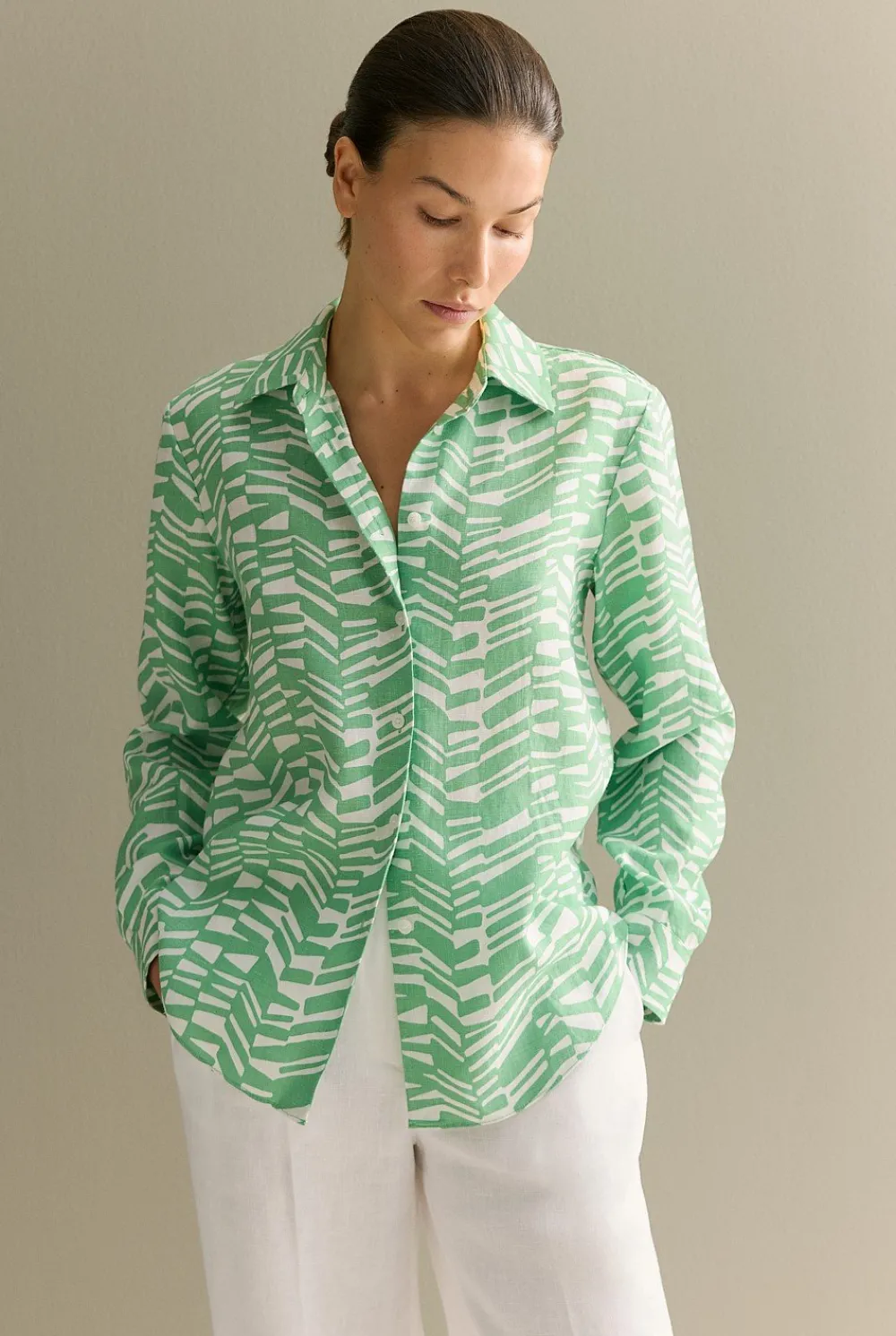 Shirts|The Linen Edit>Trenery Linen Abstract Geo Shirt Matcha