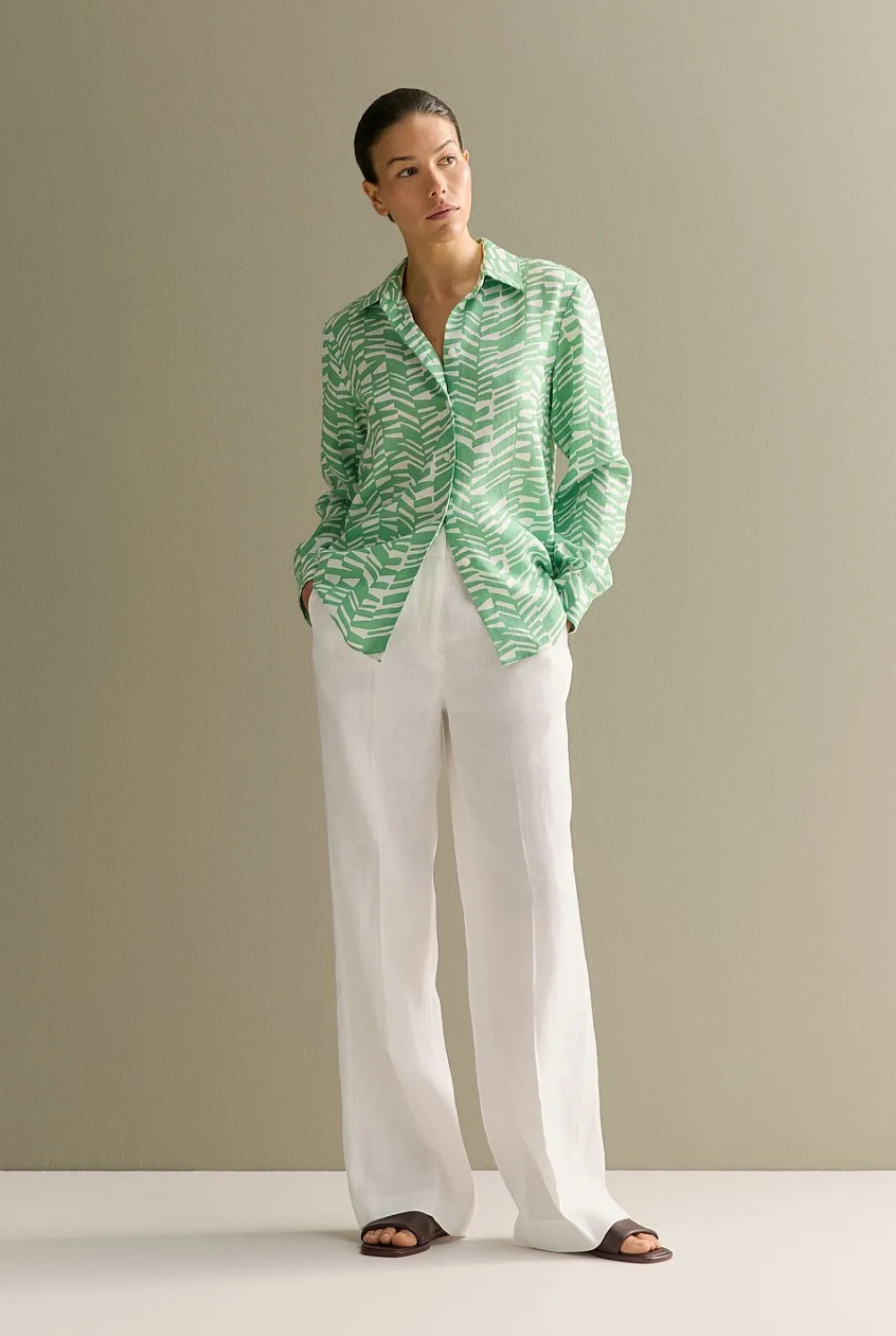 Shirts|The Linen Edit>Trenery Linen Abstract Geo Shirt Matcha