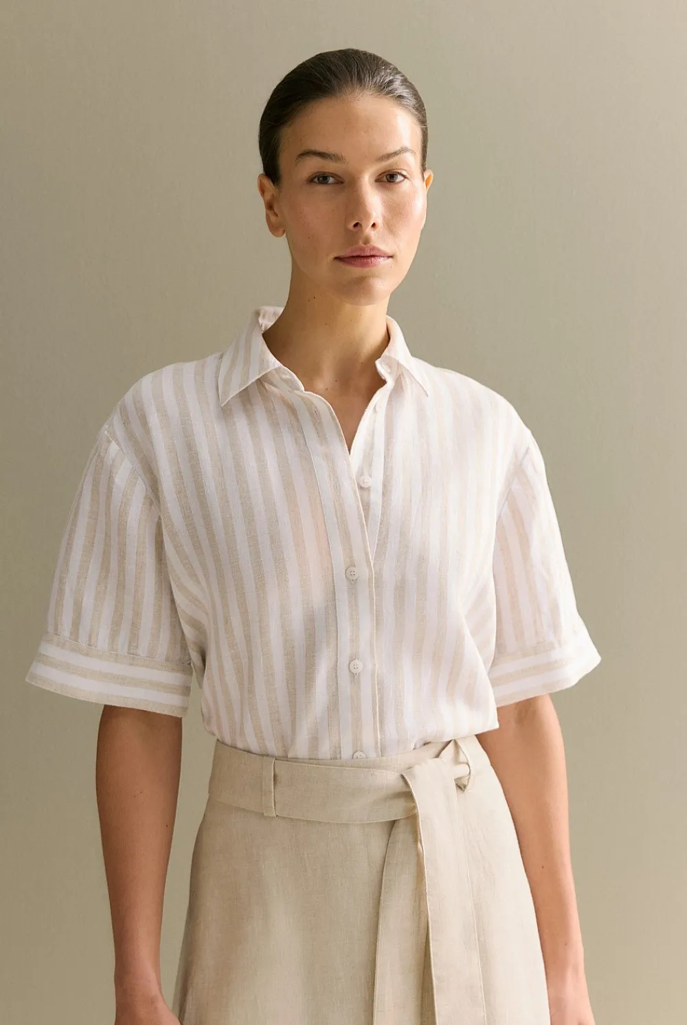 Shirts|The Linen Edit>Trenery Linen Bengal Stripe Short Sleeve Shirt Pebble