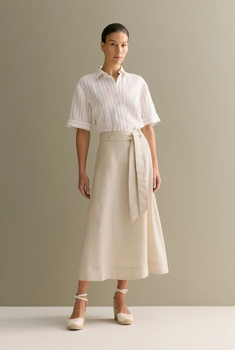 Shirts|The Linen Edit>Trenery Linen Bengal Stripe Short Sleeve Shirt Pebble