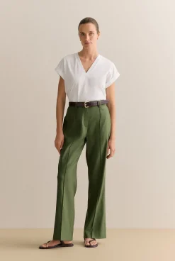 Occasion Dresses & Outfits>Trenery Linen Blend Twill Smart Pant Ivy