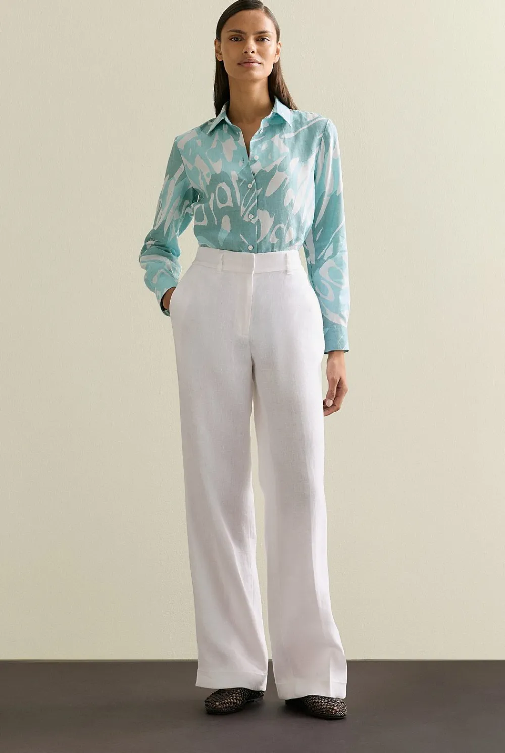 Shirts>Trenery Linen Butterfly Print Long Sleeve Shirt Seafoam