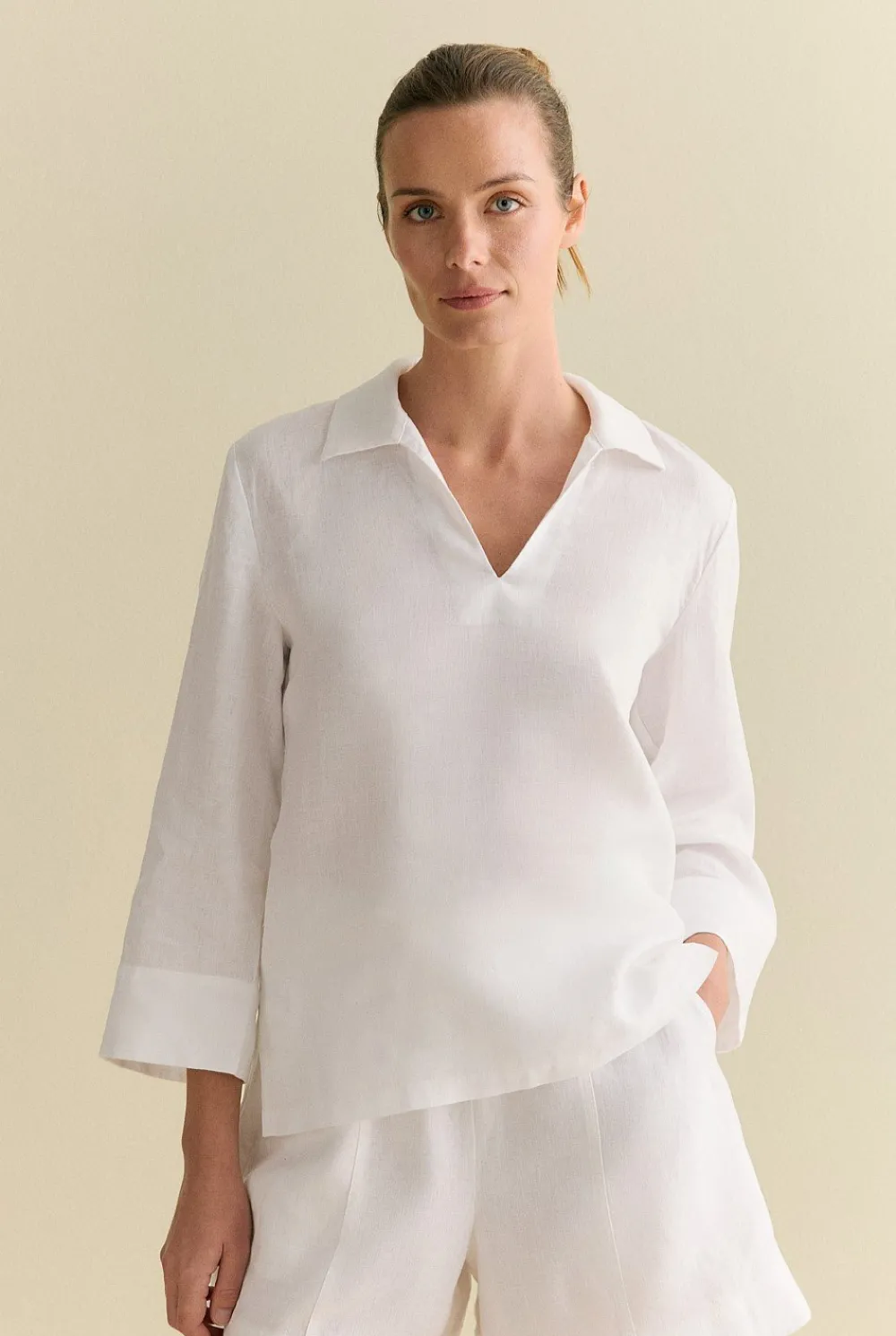 Shirts|The Linen Edit>Trenery Linen Collared Popover Shirt White