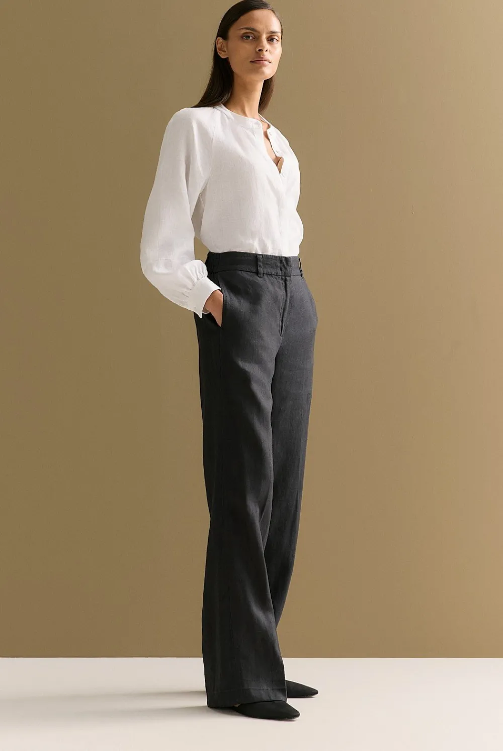 Shirts>Trenery Linen Collarless Blouson Sleeve Blouse White