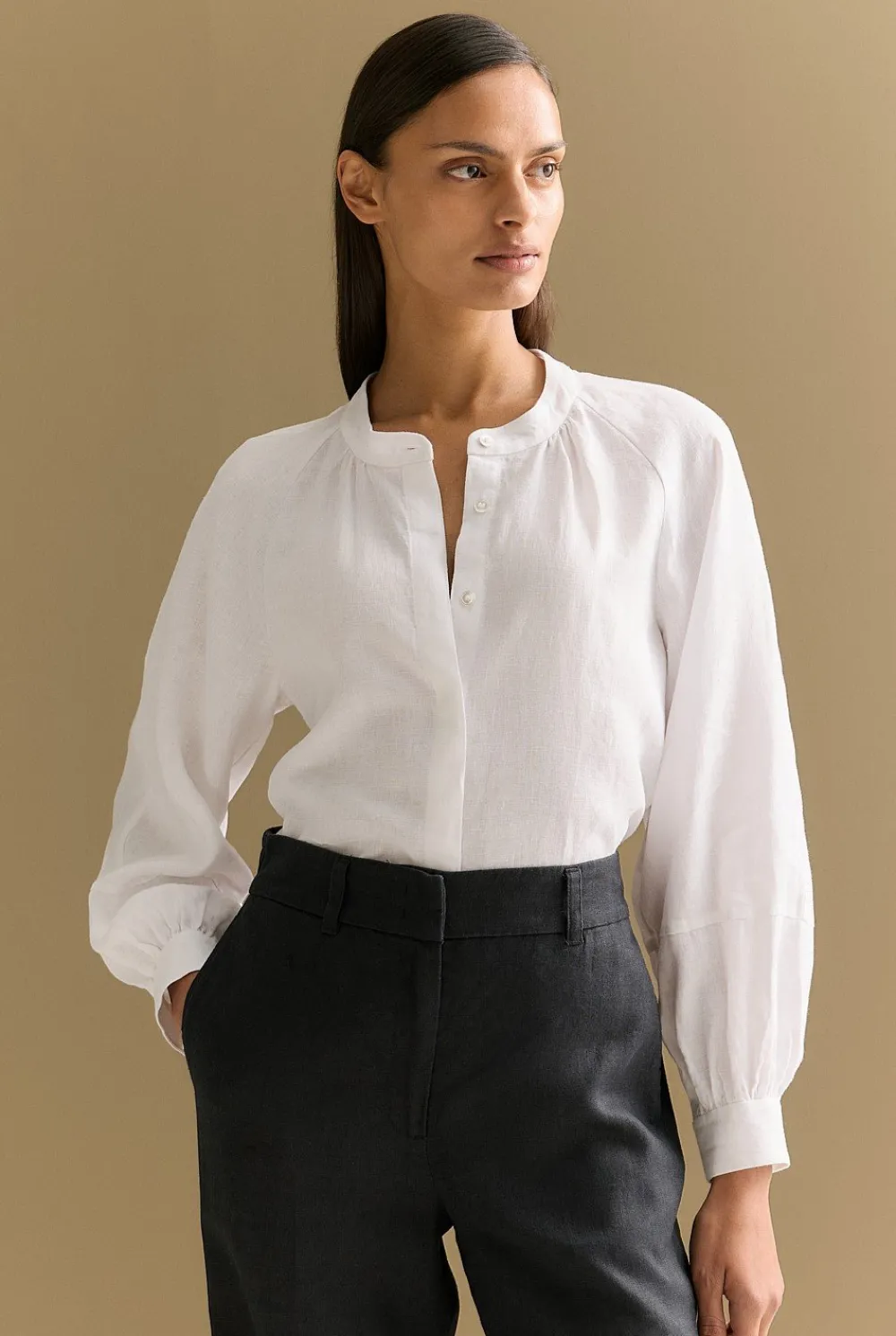 Shirts>Trenery Linen Collarless Blouson Sleeve Blouse White