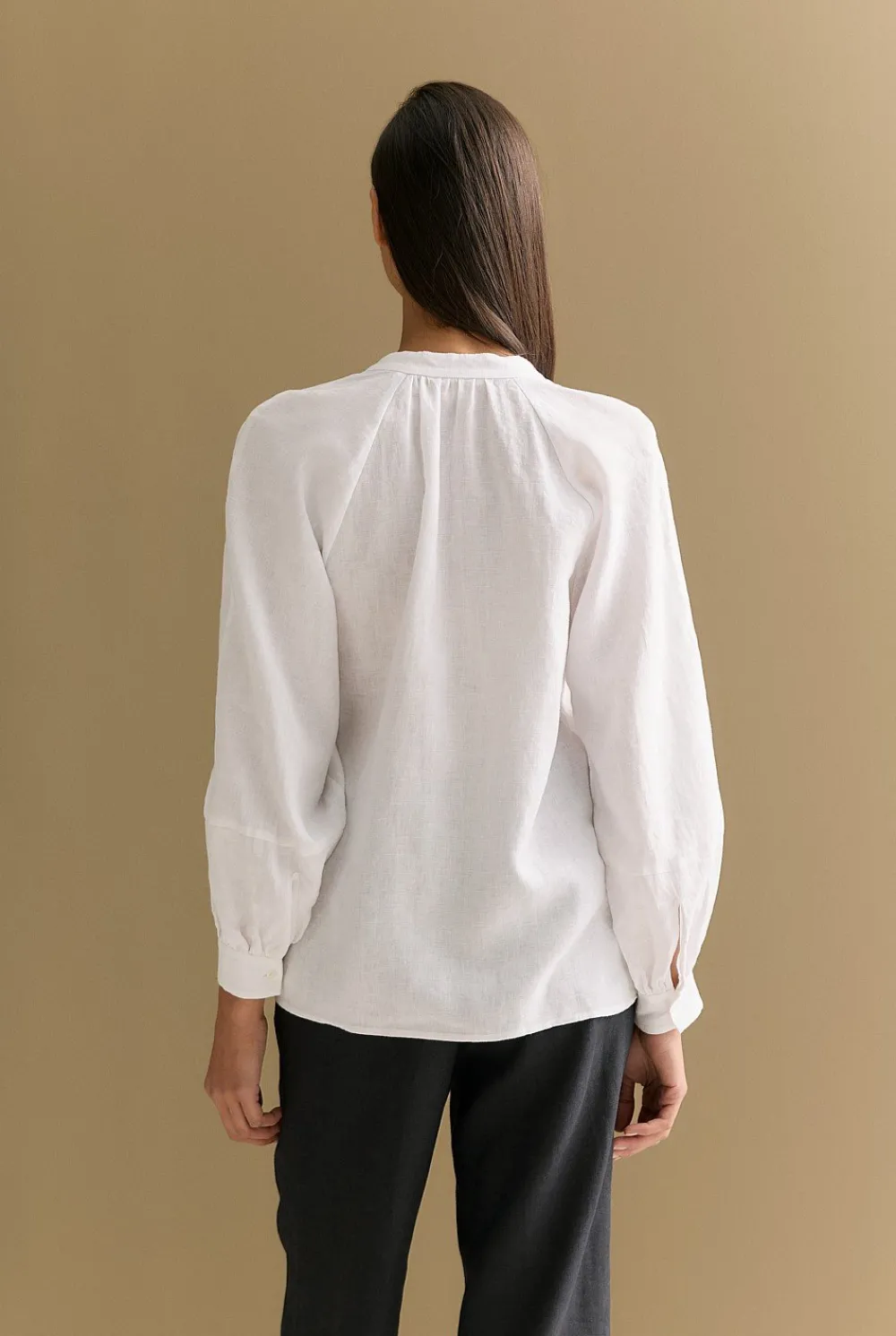Shirts>Trenery Linen Collarless Blouson Sleeve Blouse White